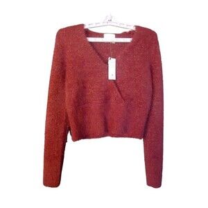 Pink Rose V Neck Cropped Sweater Juniors Large Red Sparkle Long Sleeve Fuzzy